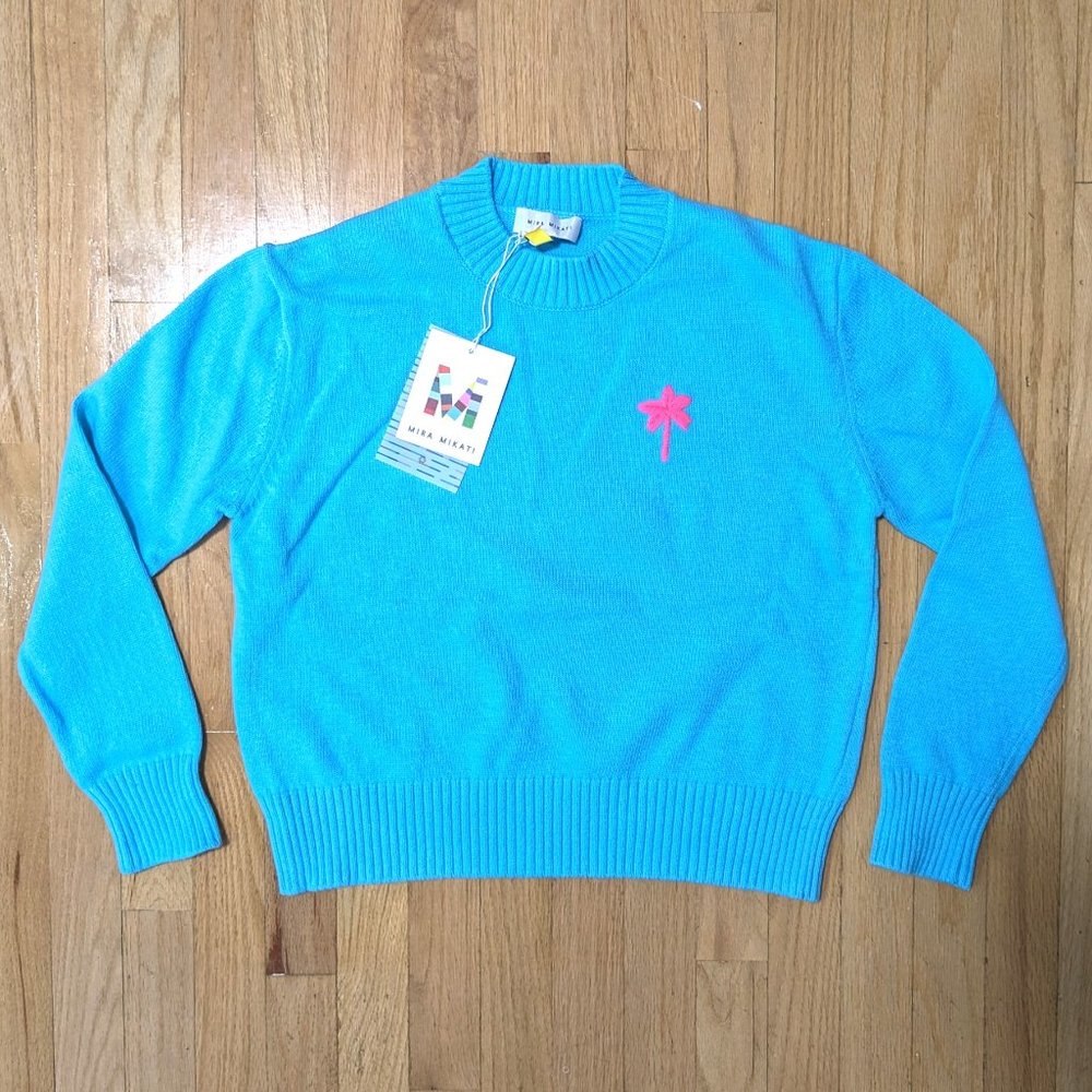 MIRA MIKATI Palm Tree-Embroidered Jumper in Sky Blue Size S (NEW WITH TAGS)